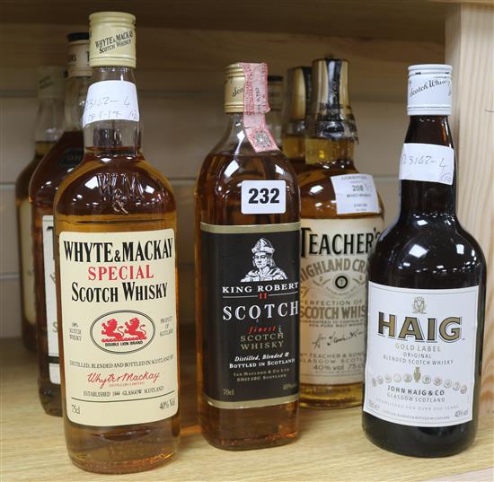 Six bottles of Teachers whisky, two Whyte & McKay whiskies, a Haig Gold Label and a King Robert II